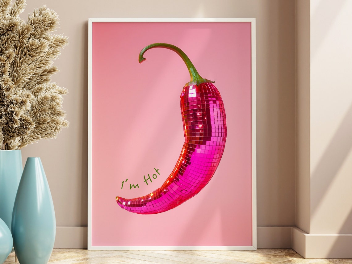 Pink Disco Ball Chili Pepper Im Hot Trendy Fun Kitchen Poster - Image 3