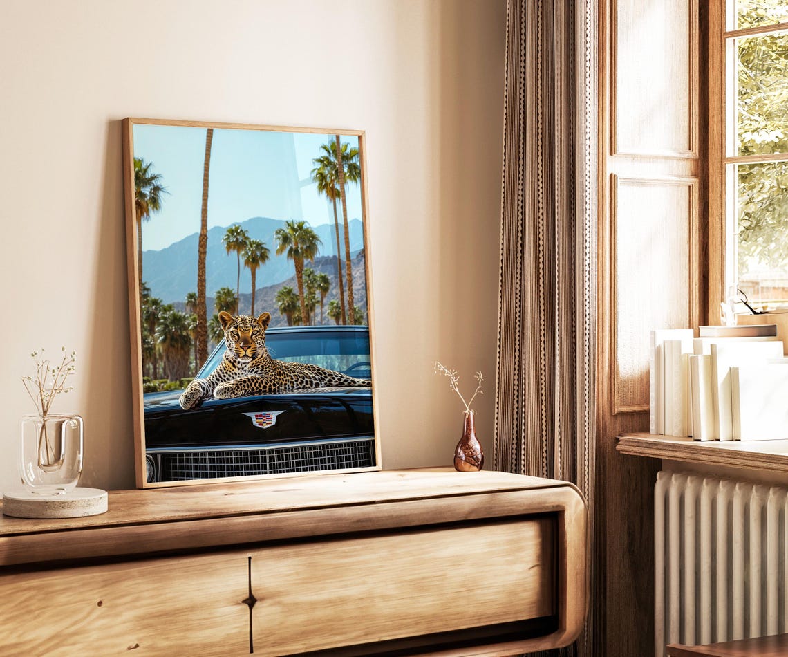 Leopard Lounging On A Black Cadillac With Tall Palm Trees Poster - Image 3