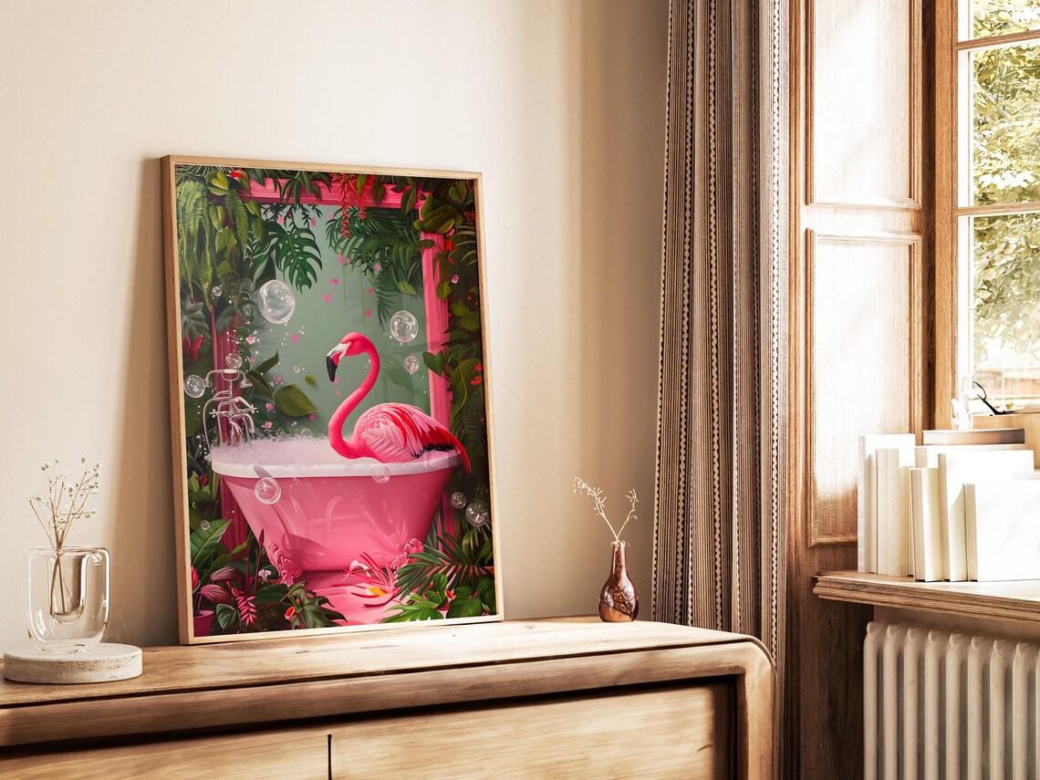 Pink Flamingo In Bathtub Funny Bathroom Art Print - Image 2
