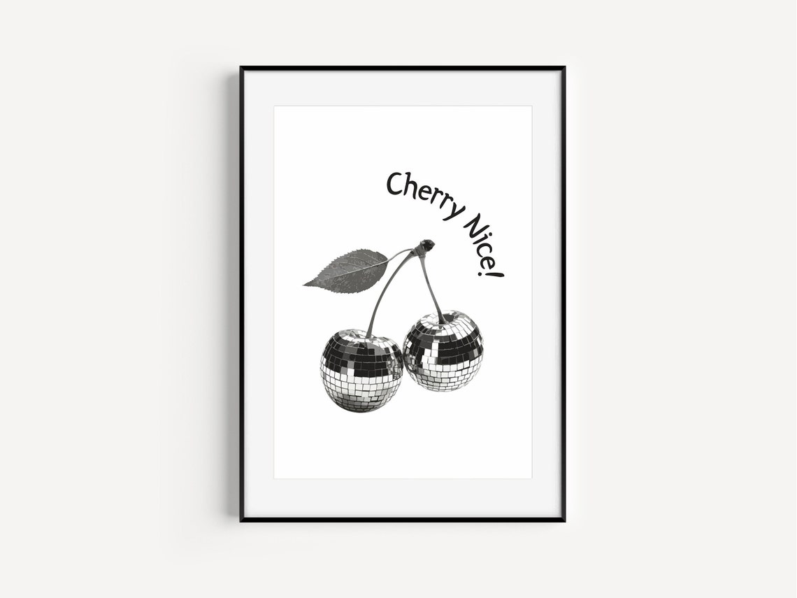Cherry Nice Black White Disco Ball Cherries Minimalist Poster - Image 4