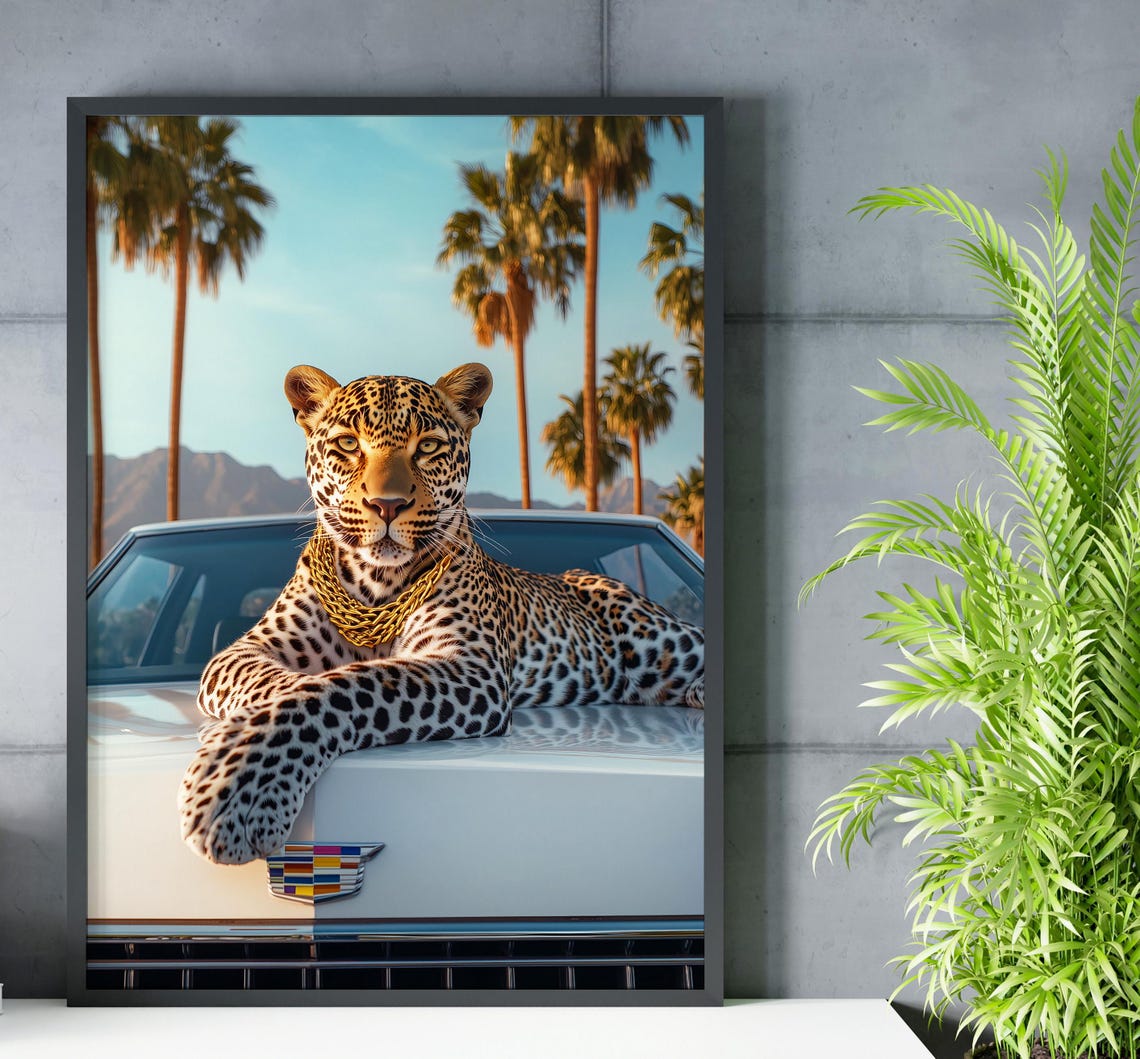 Leopard With Gold Chain On White Cadillac Classic Car Poster