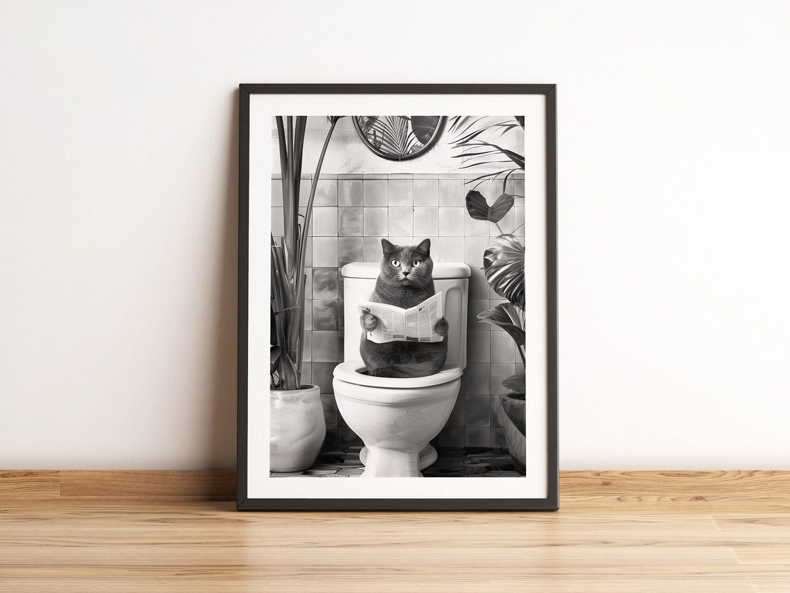 Black White Cat Reading Newspaper On Toilet Funny Bathroom Poster - Image 2