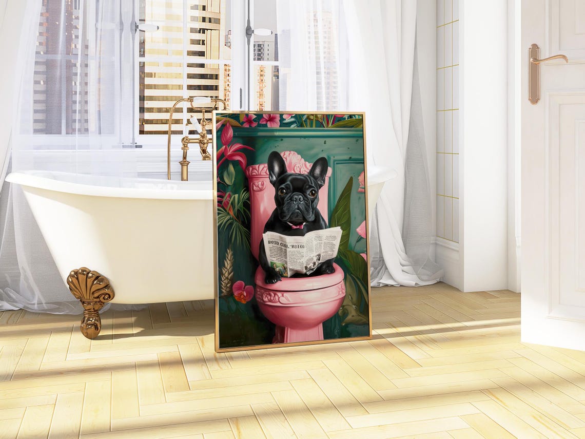 Black French Bulldog Reading On Toilet Print Toilet Wall Art Funny Dog Print Bathroom Wall Art Dog On Toilet Poster Funny Bathroom Decor - Image 3