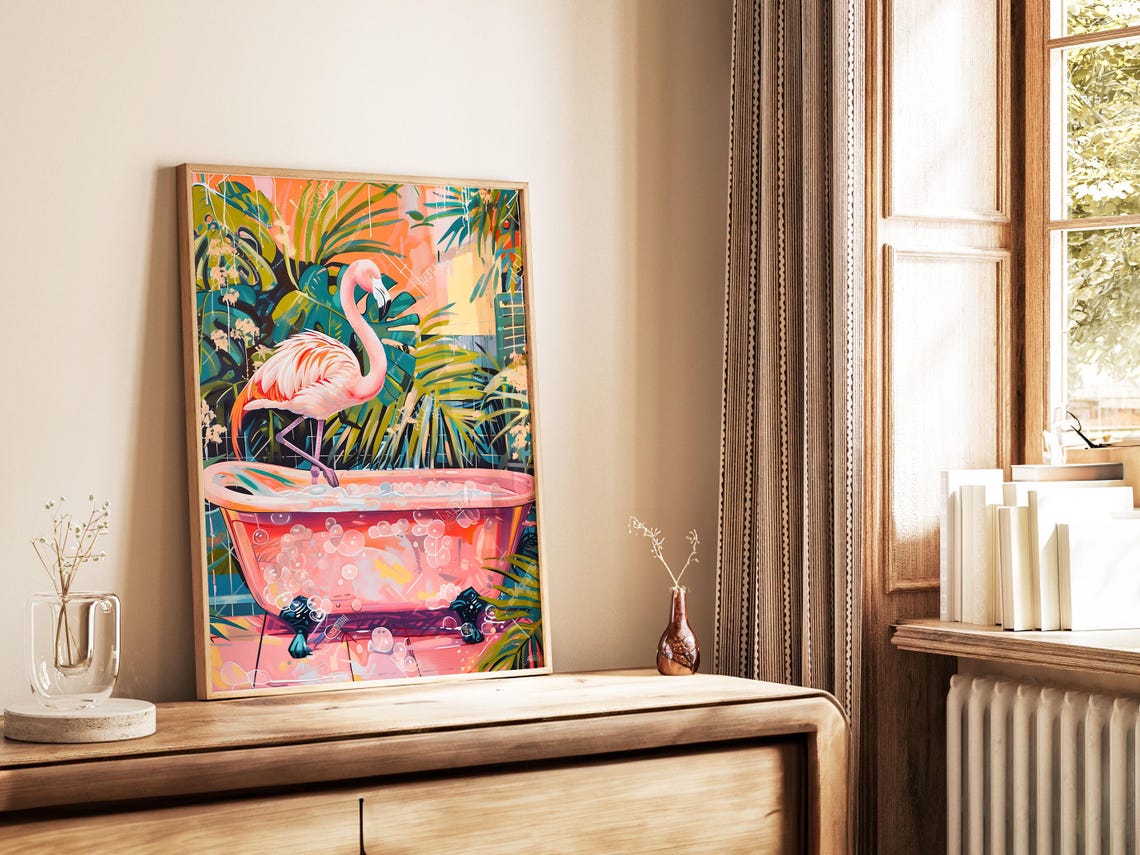Flamingo In A Pink Bathtub Surrounded By Lush Tropical Leaves Poster - Image 3