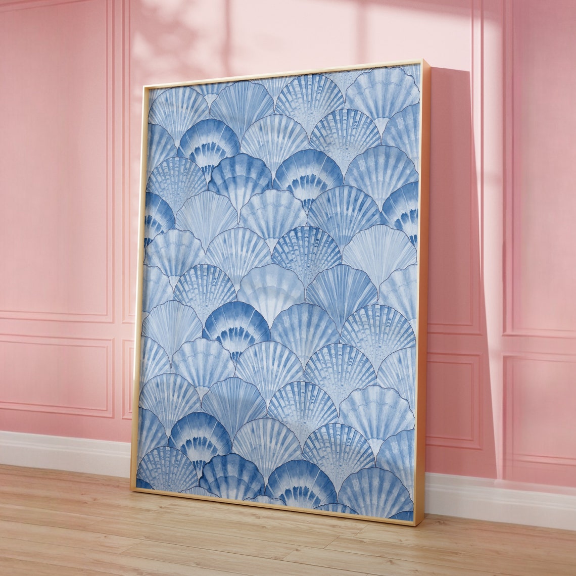 Blue Watercolor Scallop Shell Fish Scale Pattern Coastal Decor Poster - Image 3