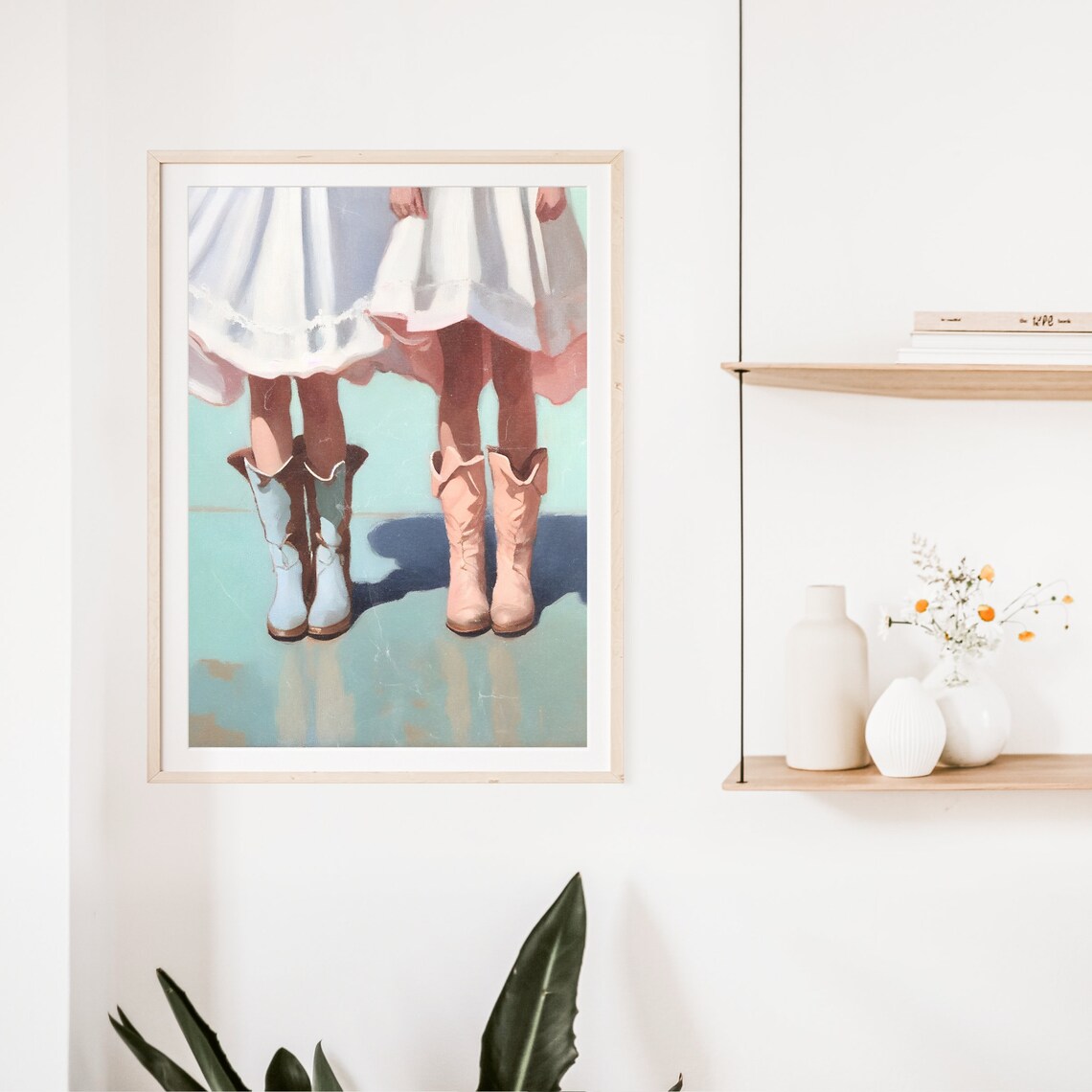 Two Cowgirls White And Peach Boots Aqua Background Western Art Poster - Image 2