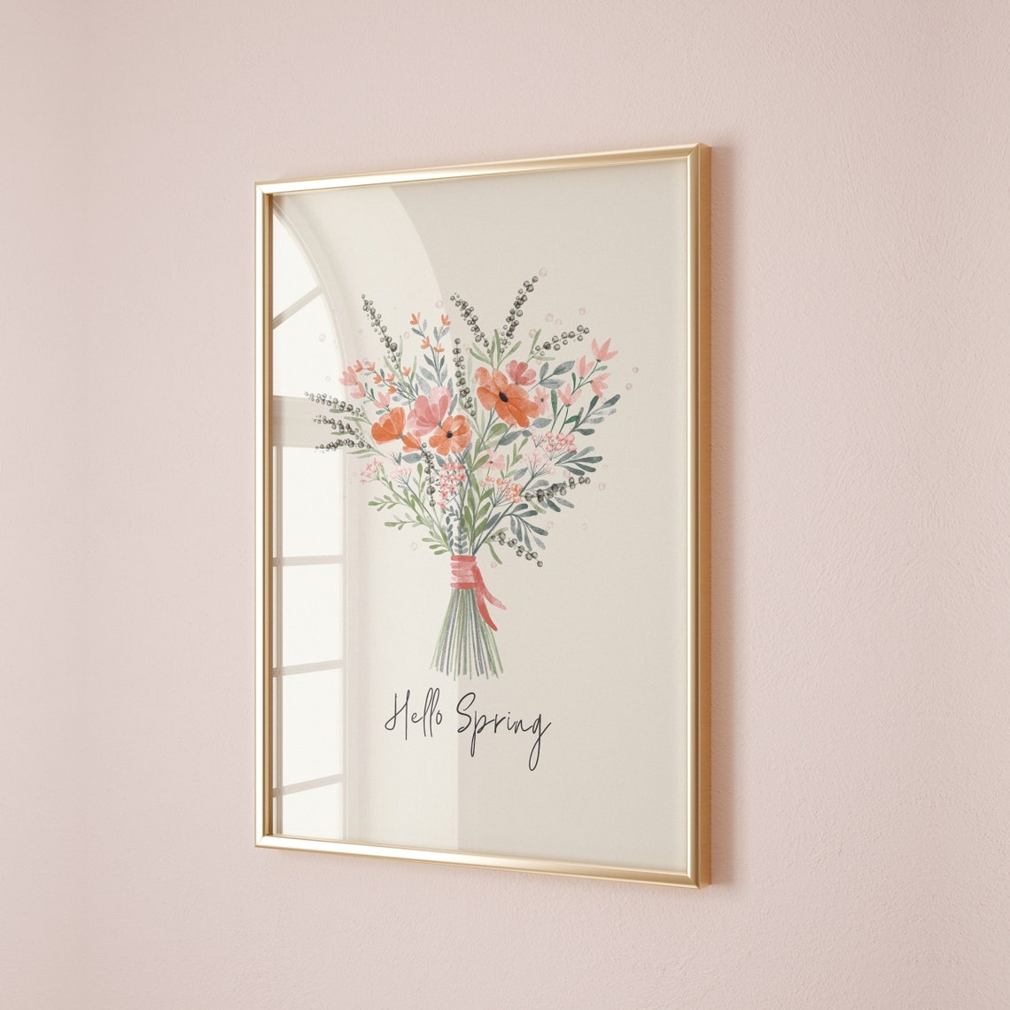 Hello Spring Watercolor Wildflower Bouquet With Ribbon Poster - Image 2