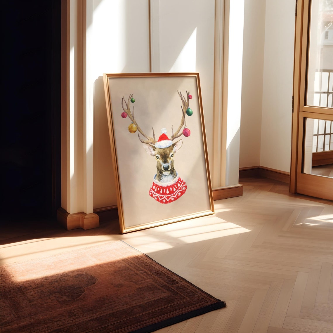 Santa Hat Reindeer In Christmas Sweater Watercolor Holiday Poster - Image 2