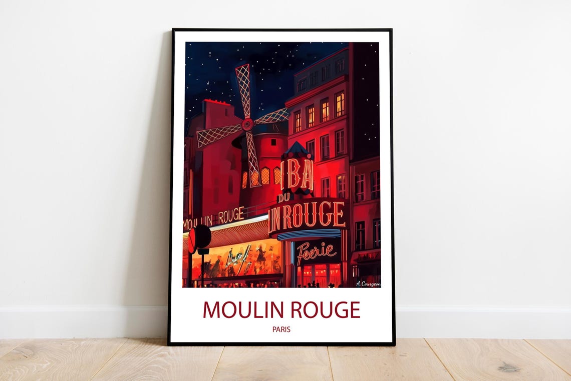 Moulin Rouge Paris Night Cabaret Windmill Landmark Art Poster