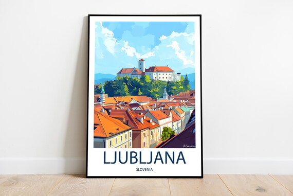 Ljubljana Slovenia Castle Orange Rooftops Vintage Travel Poster