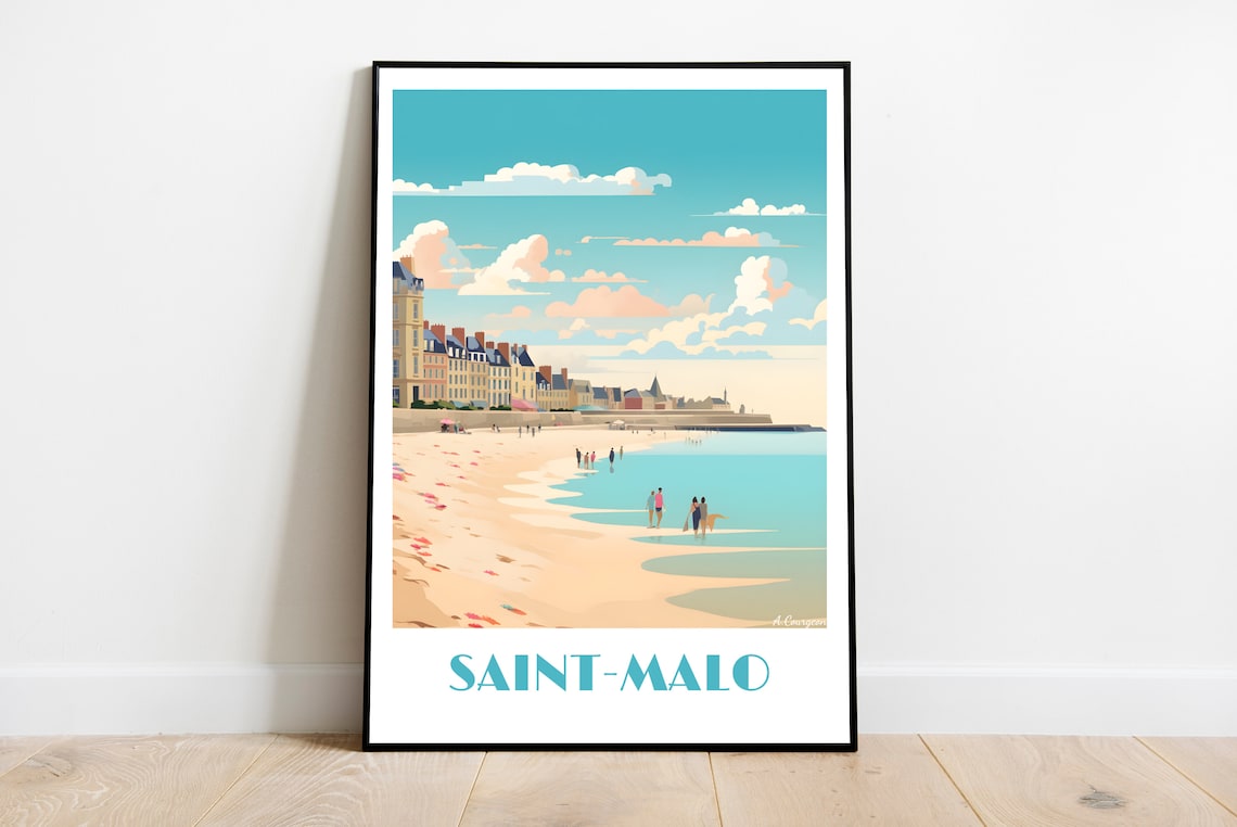 Saint-Malo France Retro Sandy Beach Seaside Old Town Travel Poster