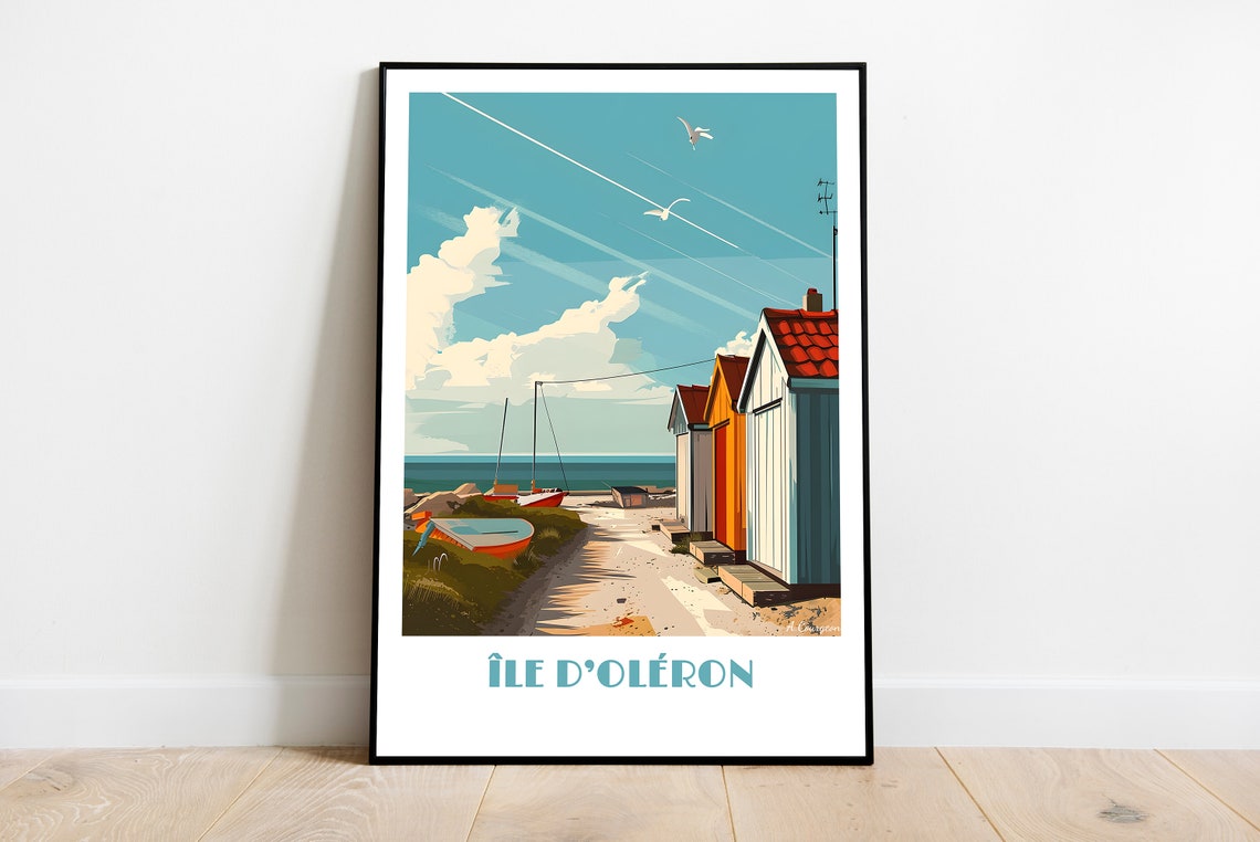 Île d'Oléron Beach Huts Sailboats Retro France Travel Poster