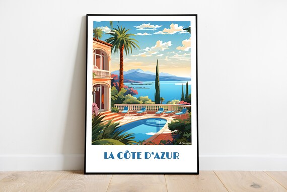 Handmade La Cote Dazur Poster Wall Art Retro Travel Framed Birthday Home Made Decor Gift Vector Illustration Print Painting