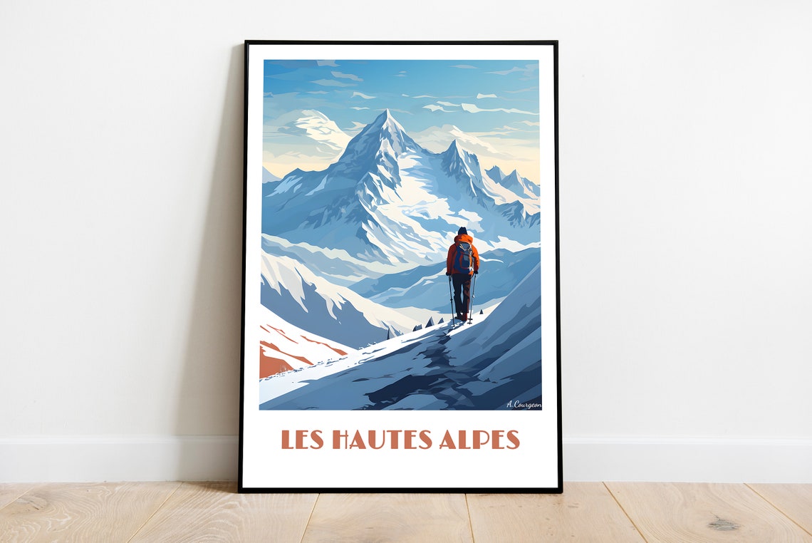 Les Hautes Alpes Snowy Peaks Hiker Winter Retro Travel Poster
