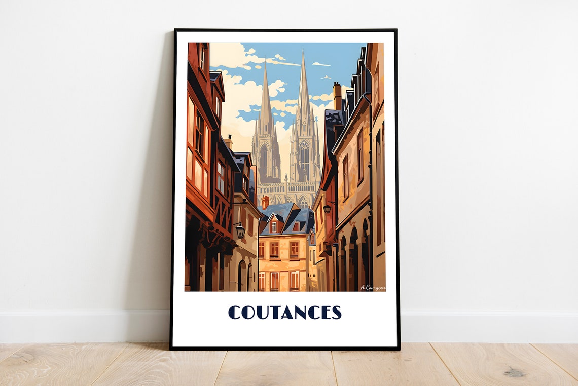 Handmade Coutances Poster Wall Art Retro Travel Framed Birthday Home Made Decor Gift Vector Illustration Print Painting Custom