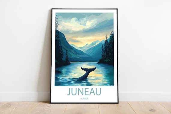Juneau Alaska Whale Tail Sunset Vintage Travel Poster Ocean Wall Decor