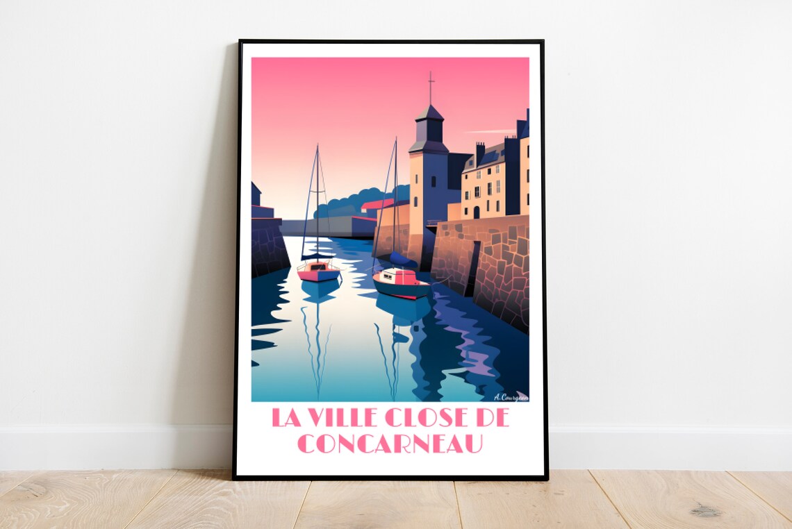 Concarneau Walled Town Harbor Brittany Sunset Vintage Travel Art Poster