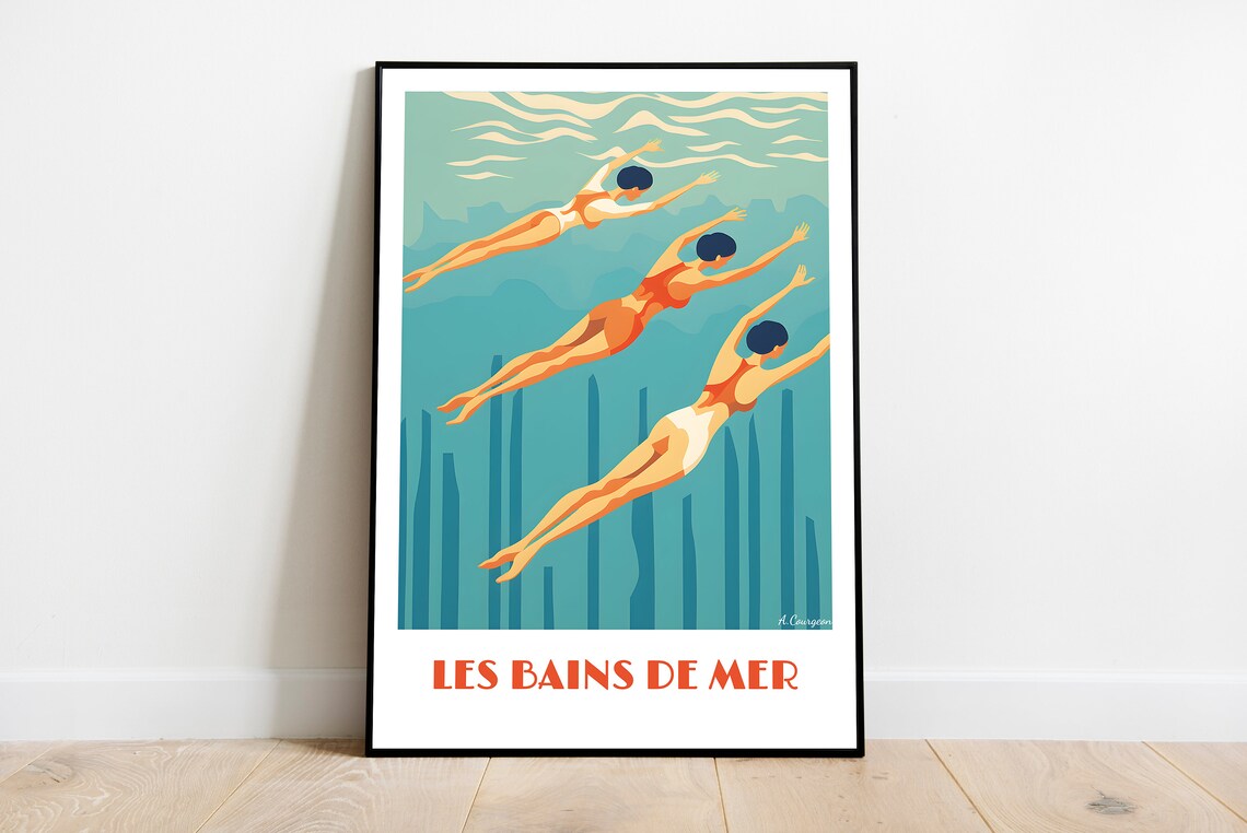 Les Bains De Mer Vintage Swimmers Retro French Beach Poster Art
