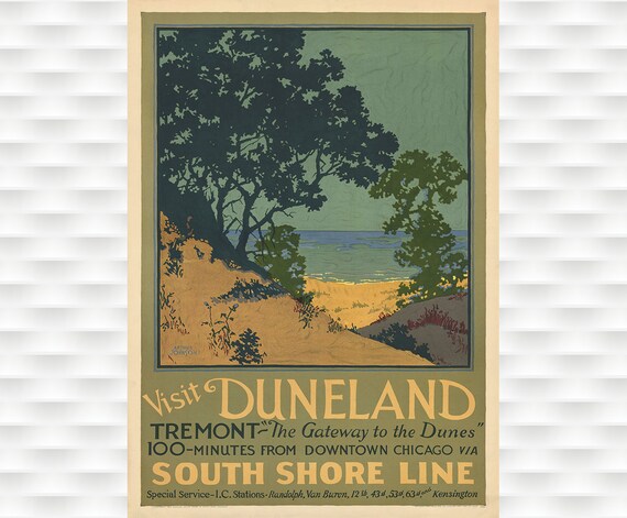 Duneland South Shore Line Chicago Vintage Beach Dunes Travel Poster