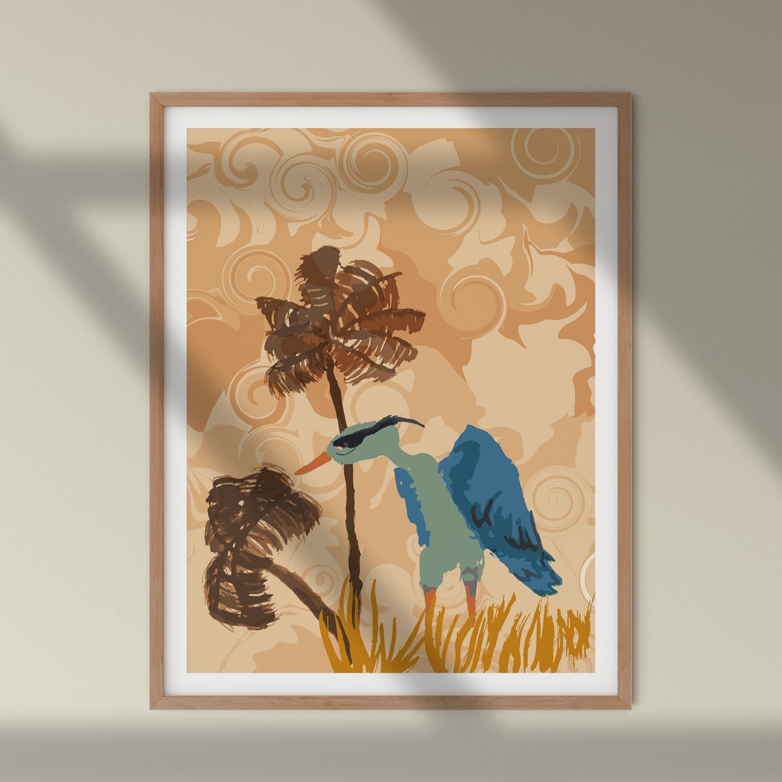 Blue Heron Under a Palm Tree in a Warm Swirl Landscape Wall Poster
