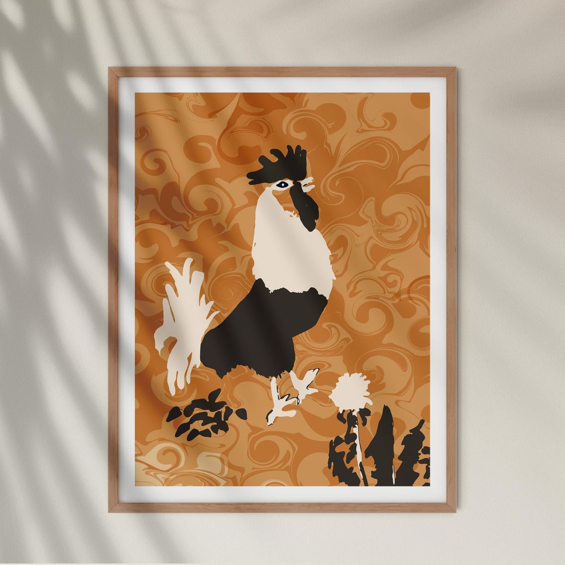 Stylized Rooster on a Swirling Caramel Marble Background Poster
