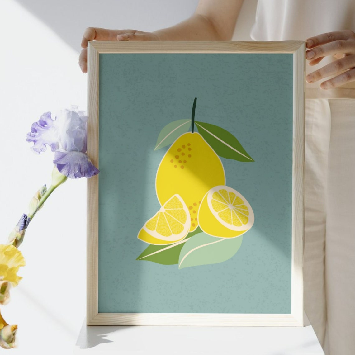 Bright Lemon Slices and Whole Fruit on Teal Kitchen Citrus Poster