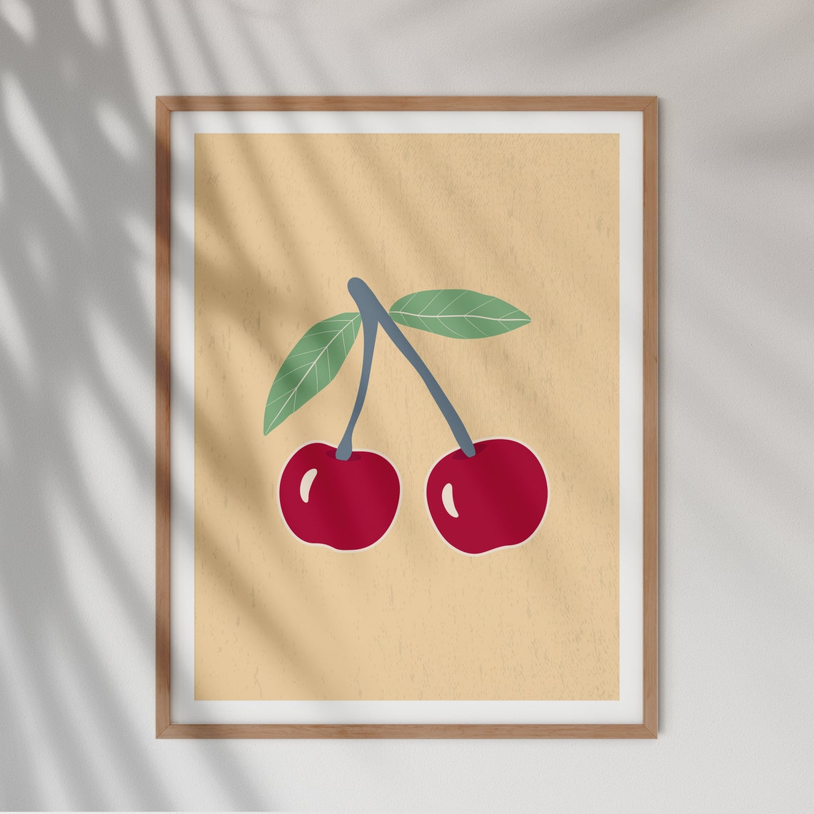 Two Red Cherries with Green Leaves in a Minimalist Fruit Wall Poster