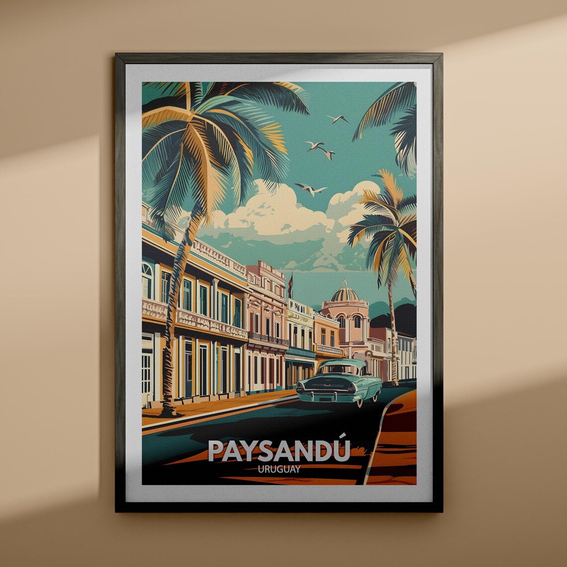 Paysandu Uruguay Colonial Street Vintage Car Travel Art Poster