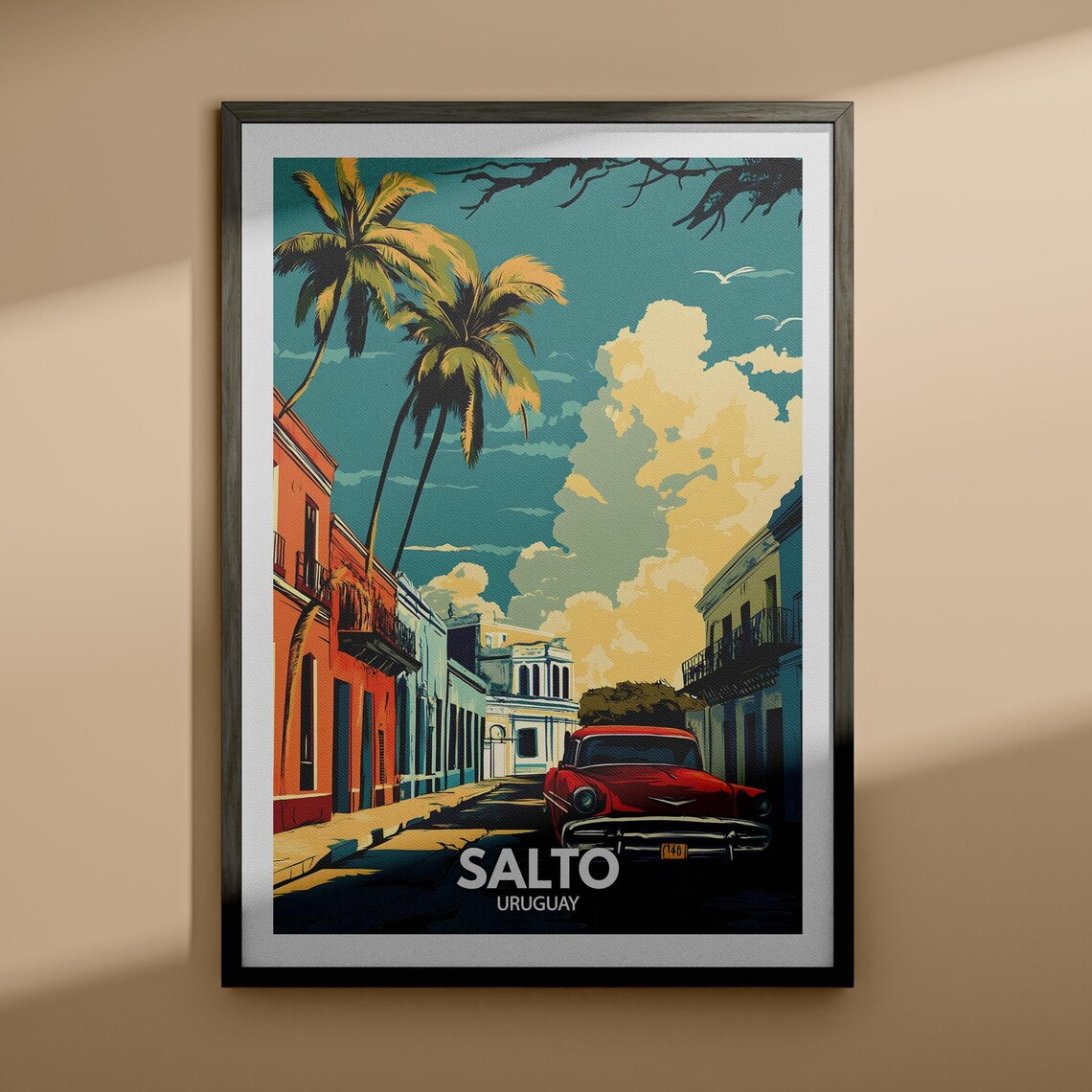 Salto Uruguay Vintage Street Palm Trees Classic Car Travel Poster