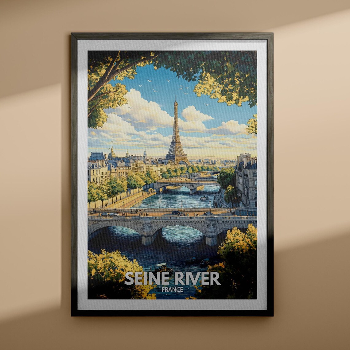 Seine River Paris Eiffel Tower Bridge Vintage Travel Poster France