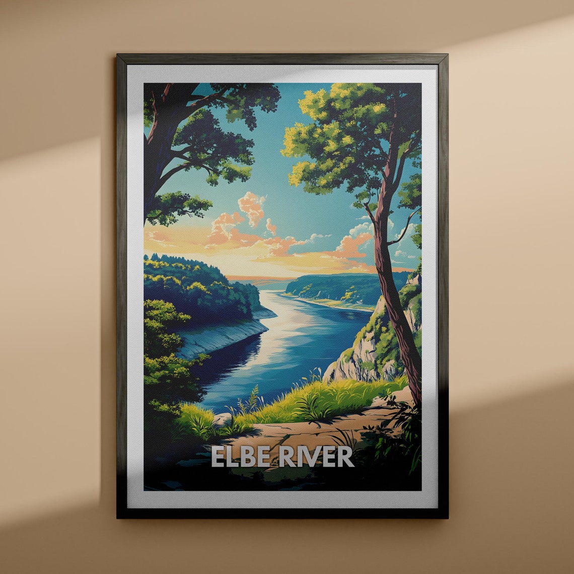 Elbe River Sunset Cliffs Riverside Forest Retro Travel Poster