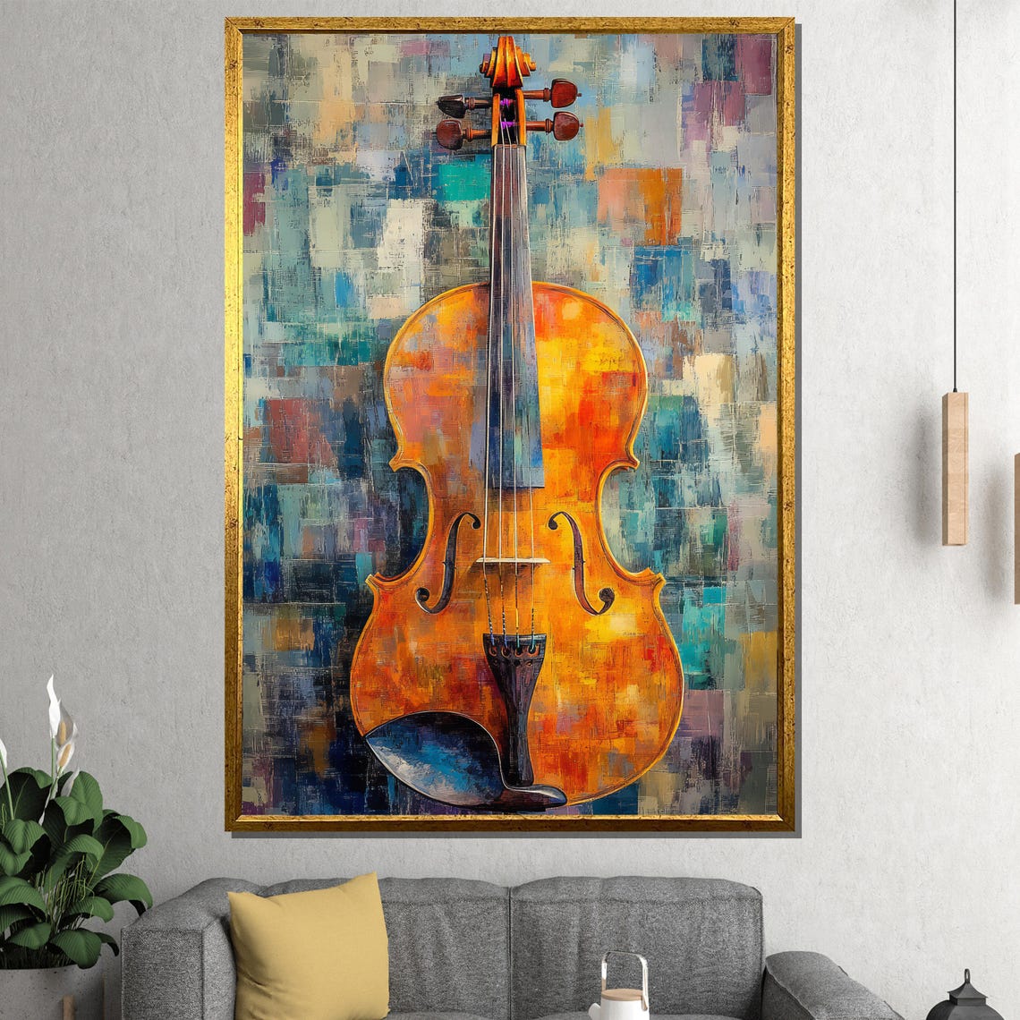 Radiant Amber Violin on a Bold Colorful Mosaic Background Poster