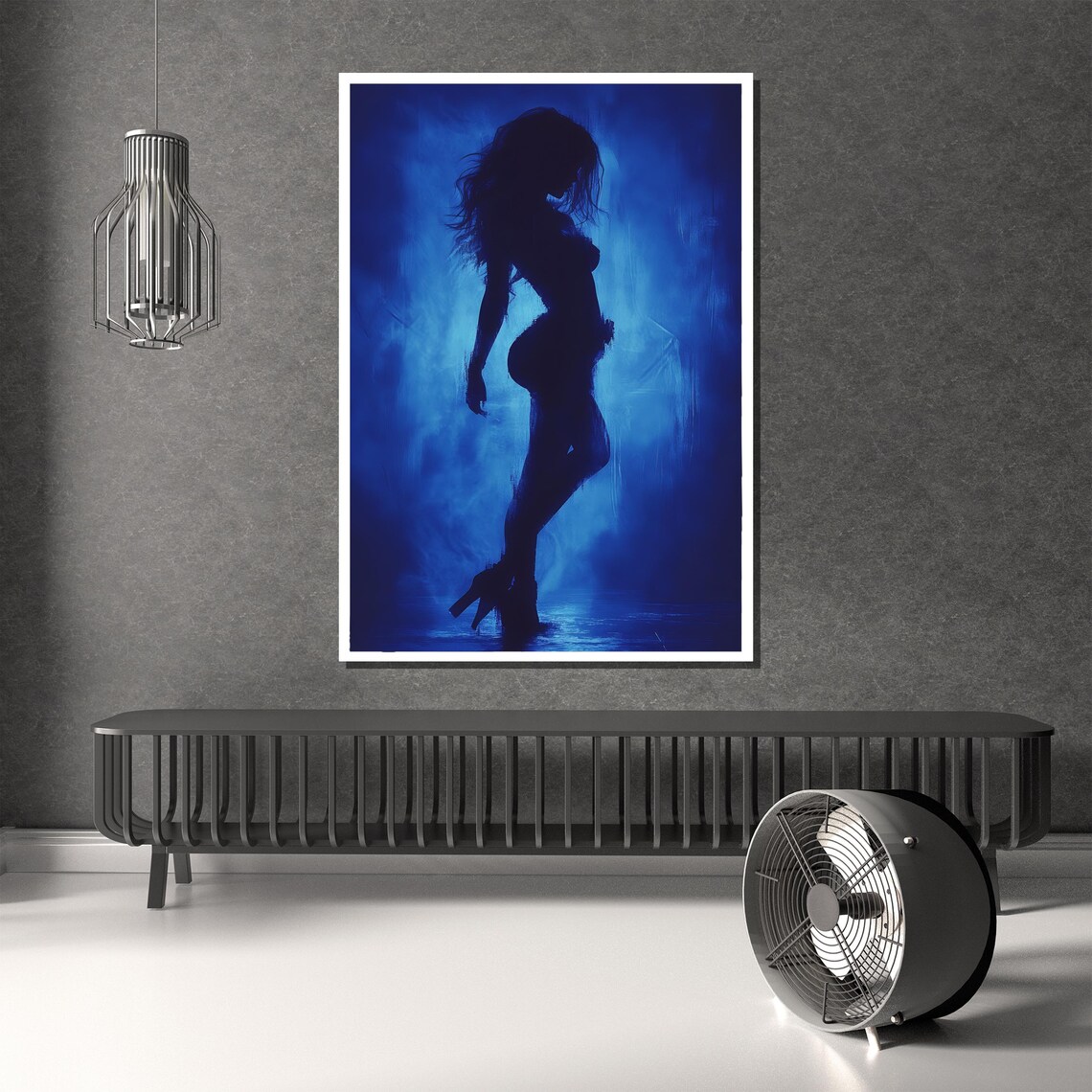 Mysterious Seductive Blue Silhouette of a Woman in High Heels Poster - Image 2
