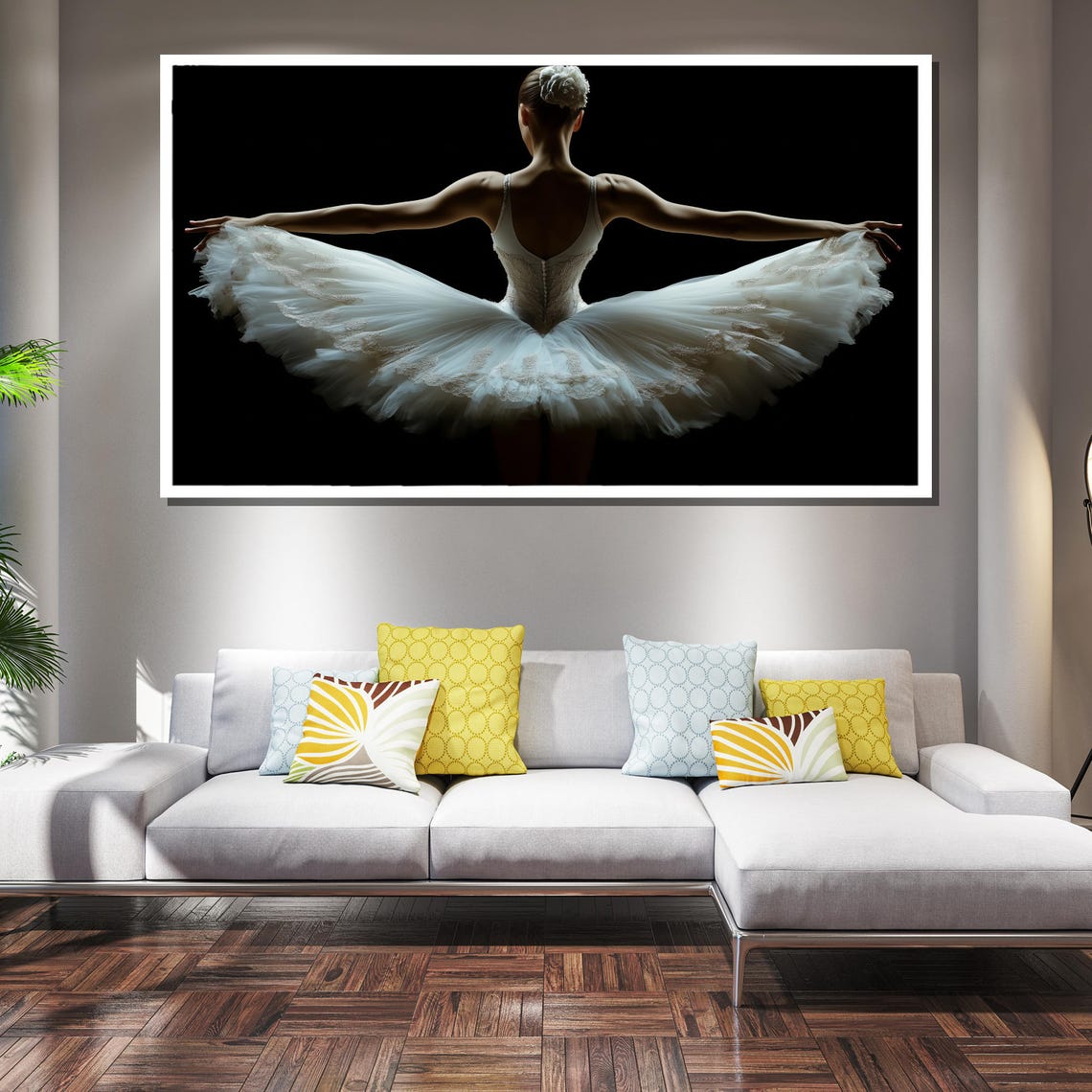 Ballerina in White Tutu Seen From Behind on Dramatic Black Art Poster - Image 2