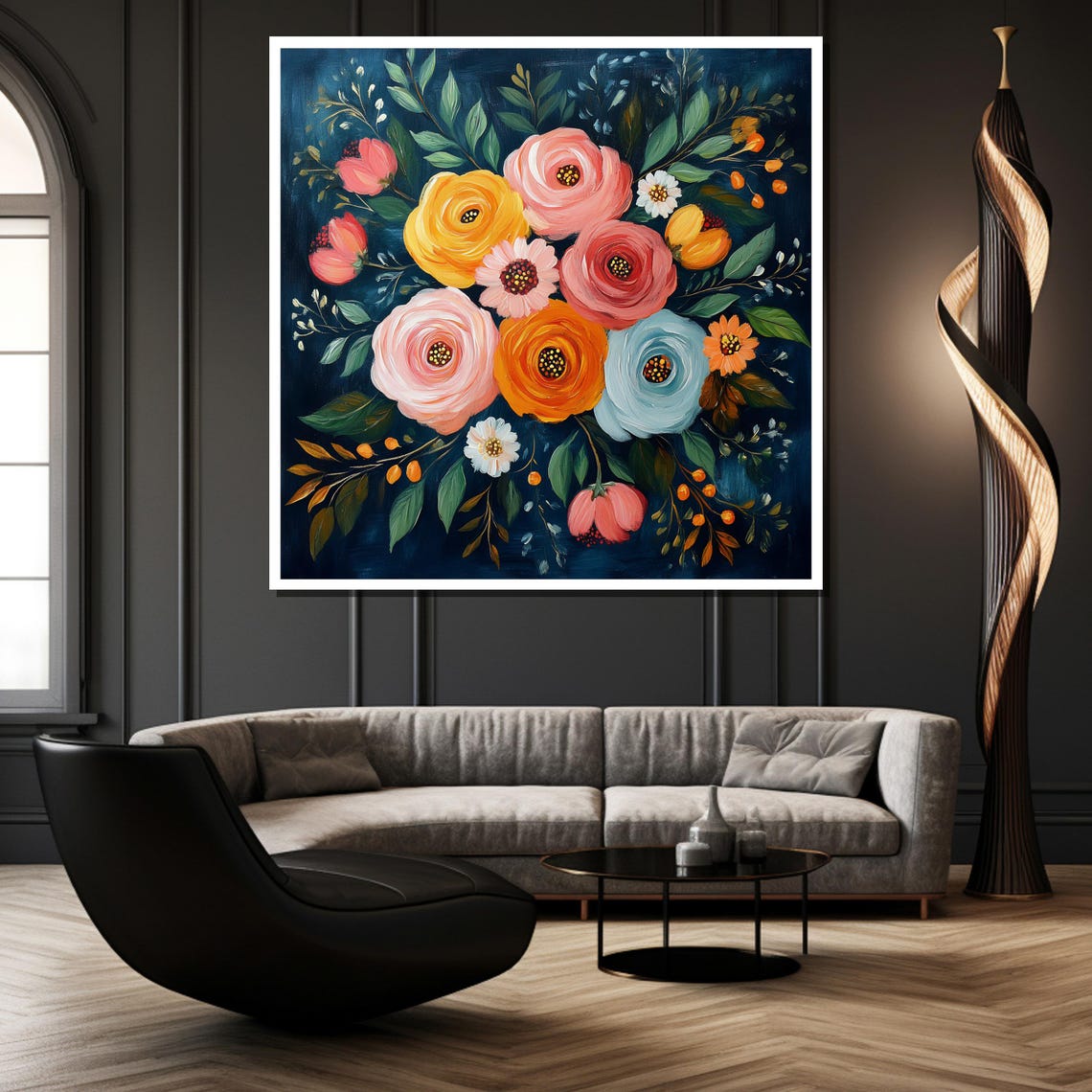 Vibrant Ranunculus Bouquet On Deep Navy Night Floral Art Poster - Image 2
