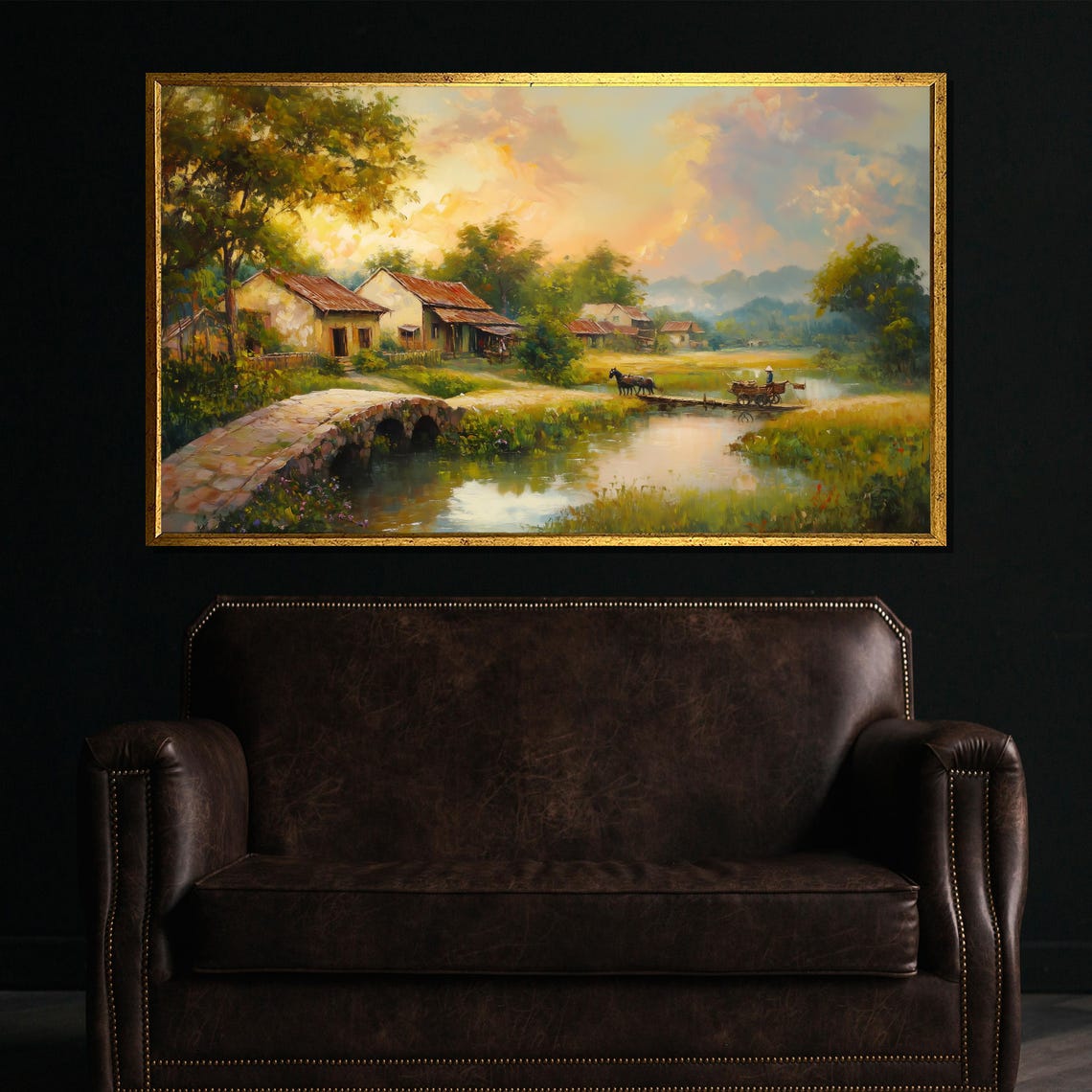 Rustic Stone Bridge Village Stream Horse Cart Sunset Art Poster