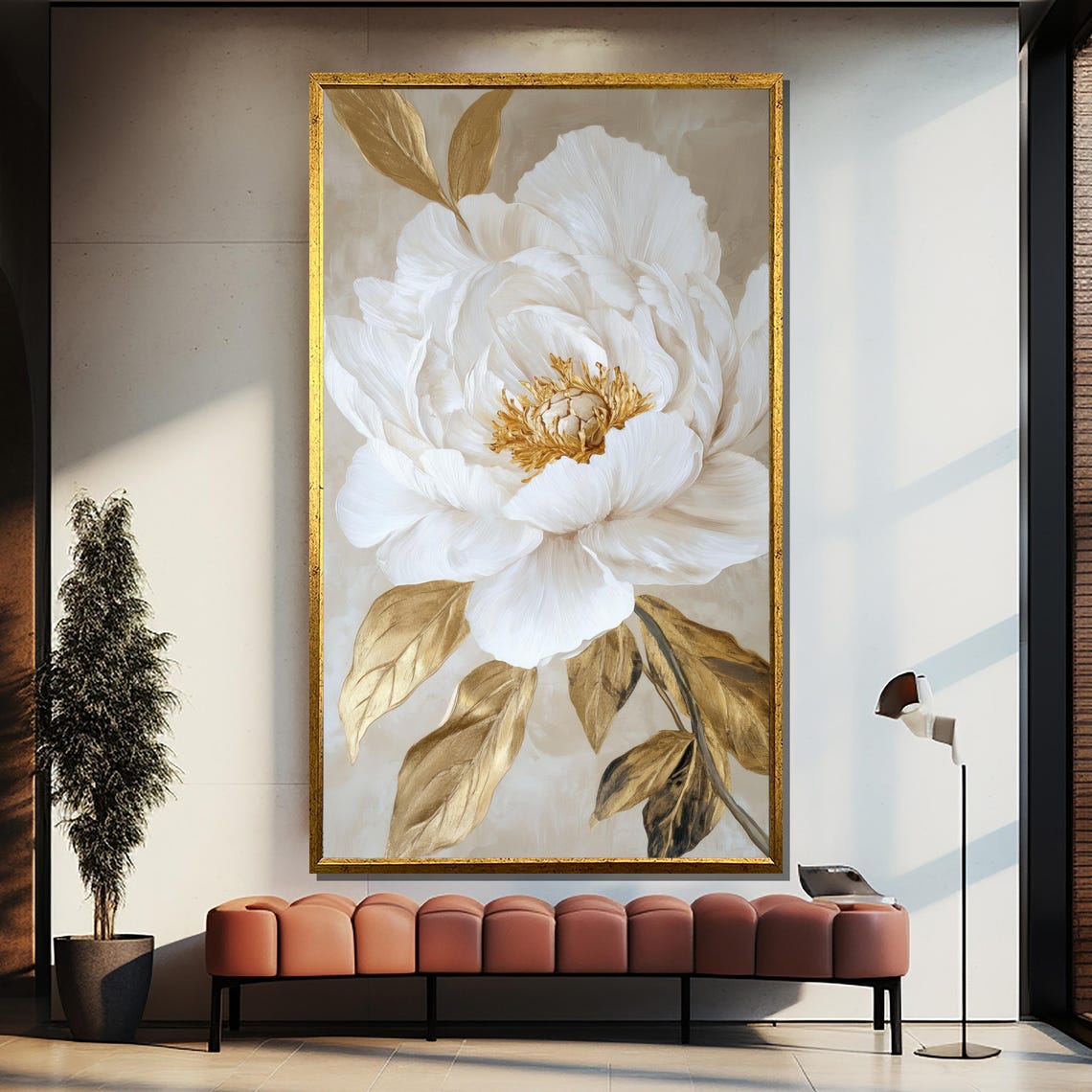 Beautiful White Peony with Gold Leaves Elegant Floral Poster