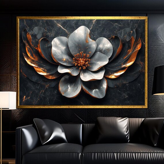 Luxury Black And Gold Floral Painting Elegant Flower Wall Art For Living Room Or Office Unique Gift For Modern Spaces
