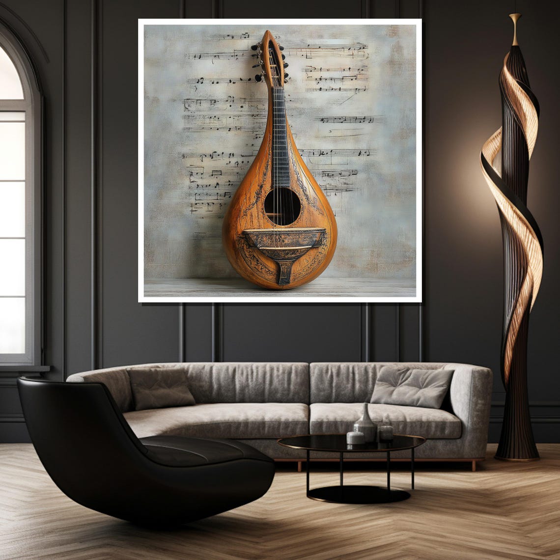 Classic Vintage Mandolin Still Life on Aged Sheet Music Poster - Image 2