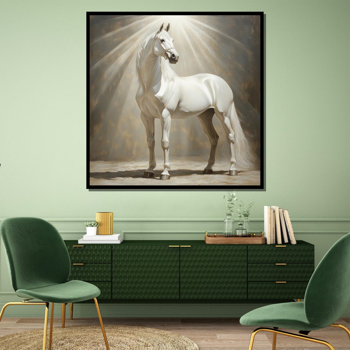 White Horse Standing Under Dramatic Golden Light Rays Poster - Image 4