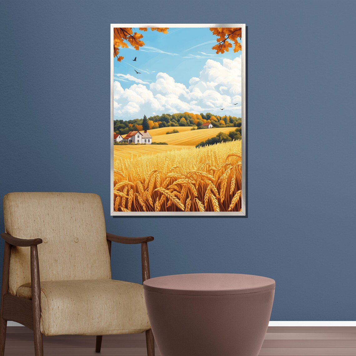 Golden Wheat Fields With Red Roof Farmhouses Country Art Poster - Image 3