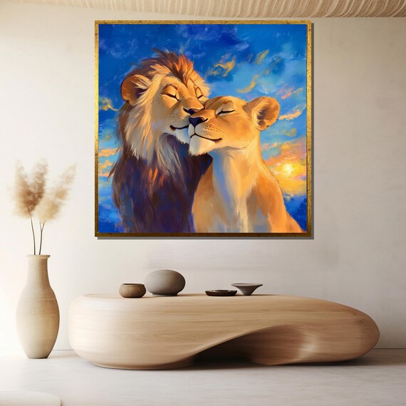 Romantic Lion Couple Nuzzling Beneath Sunset Wildlife Love Poster