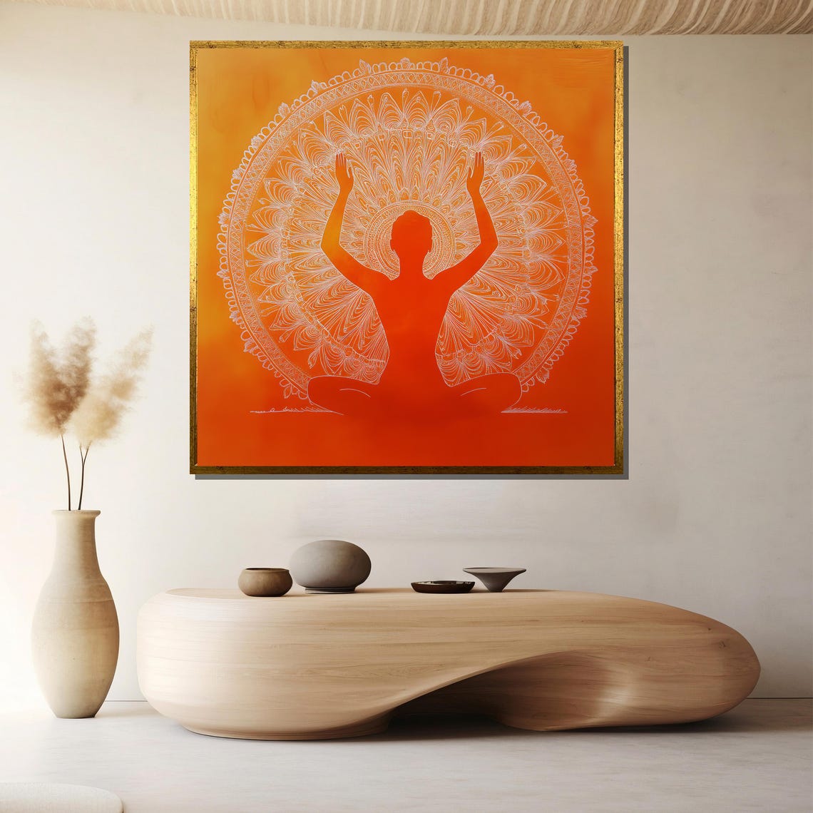Orange Mandala Yoga Meditation Silhouette With Raised Arms Poster