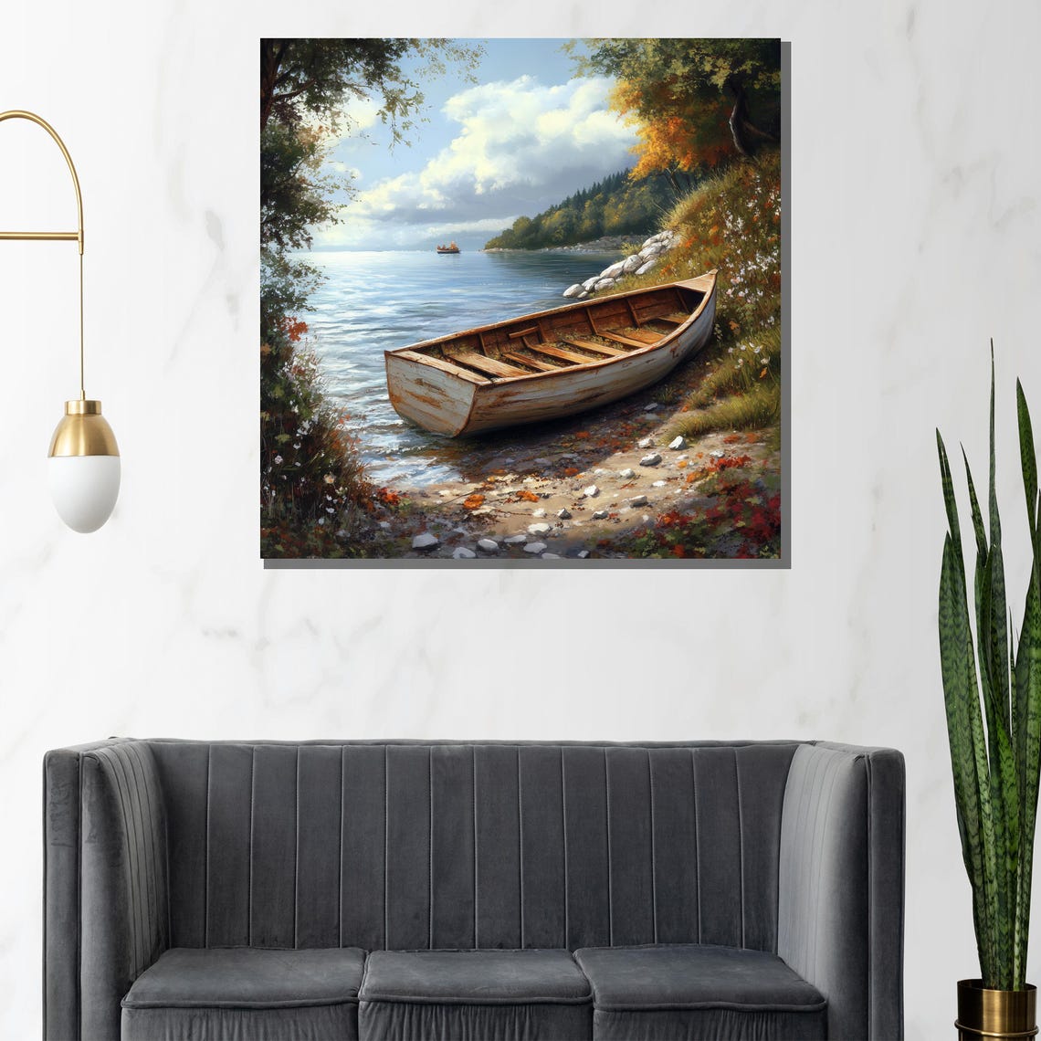 Lakeside Boat Painting Tranquil Water And Forest Wall Art Rustic Home Decor Gift For Relaxing Spaces - Image 2