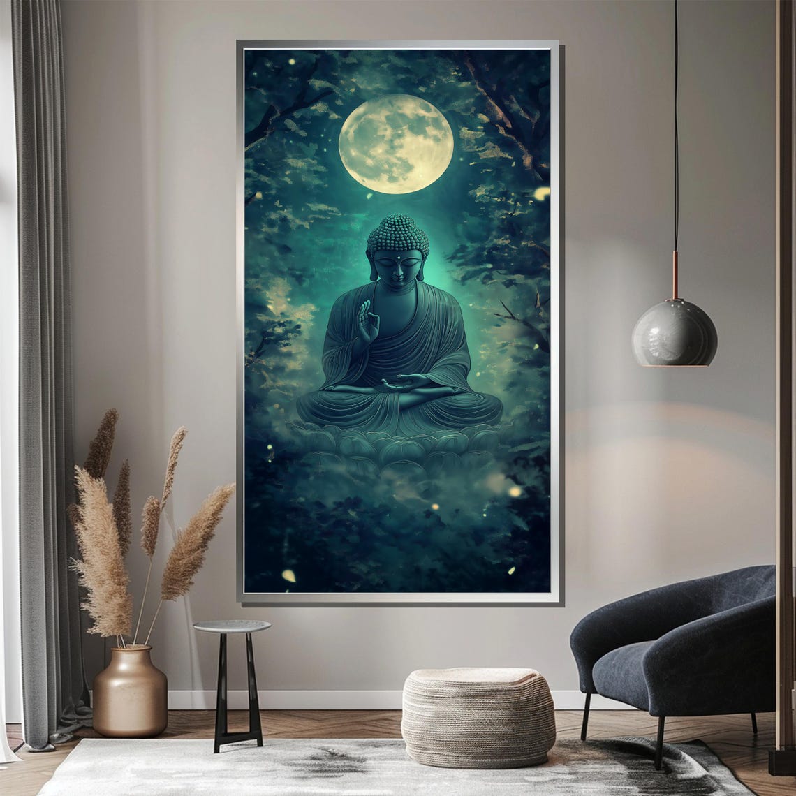 Serene Buddha Under Full Moon Painting Peaceful Spiritual Wall Art And Unique Gift For Zen Home Or Meditation Space - Image 3
