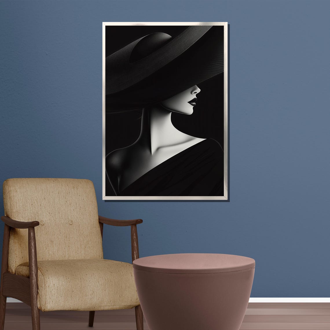 Minimalist Black White Woman Profile Under Wide Brim Hat Poster - Image 4