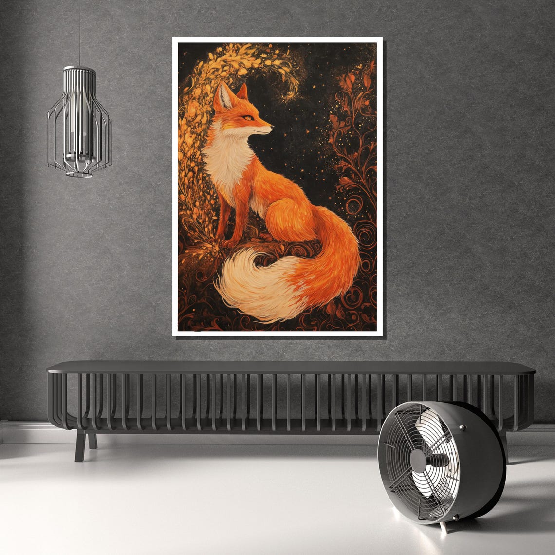 Fiery Red Fox With Golden Botanical Florals Dark Elegant Poster - Image 2