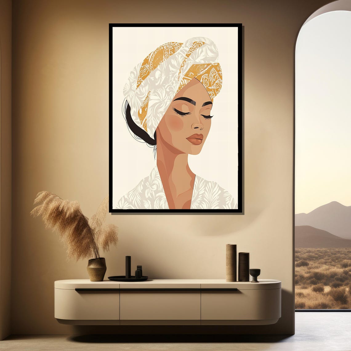 Minimalist Woman Profile in Gold Patterned Turban Serene Art Poster - Image 4