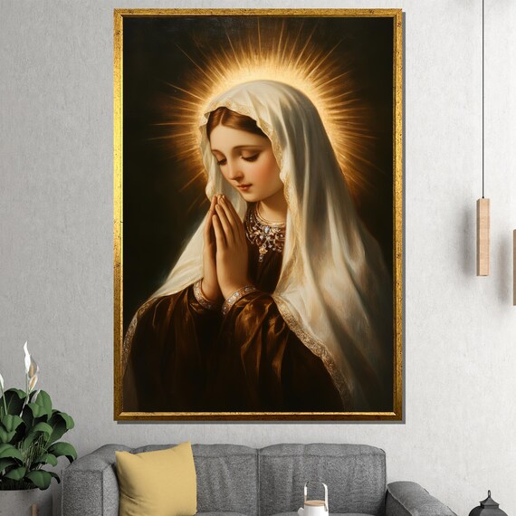 Praying Virgin Mary White Veil Golden Halo Religious Art Poster