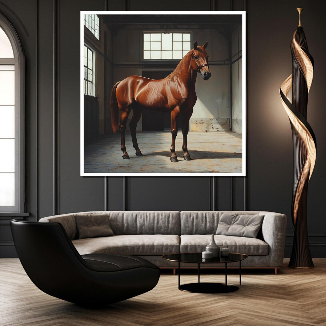 Chestnut Horse in a Sunlit Stable Interior Realistic Equestrian Poster - Image 2
